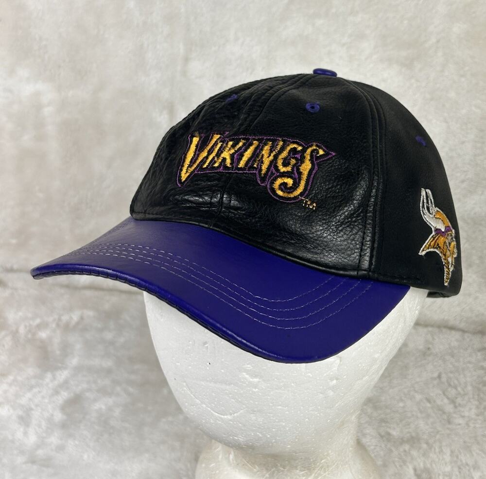 Minnesota Vikings Leather Strapback Hat 90s Vintage NFL Pro Elite Made in USA